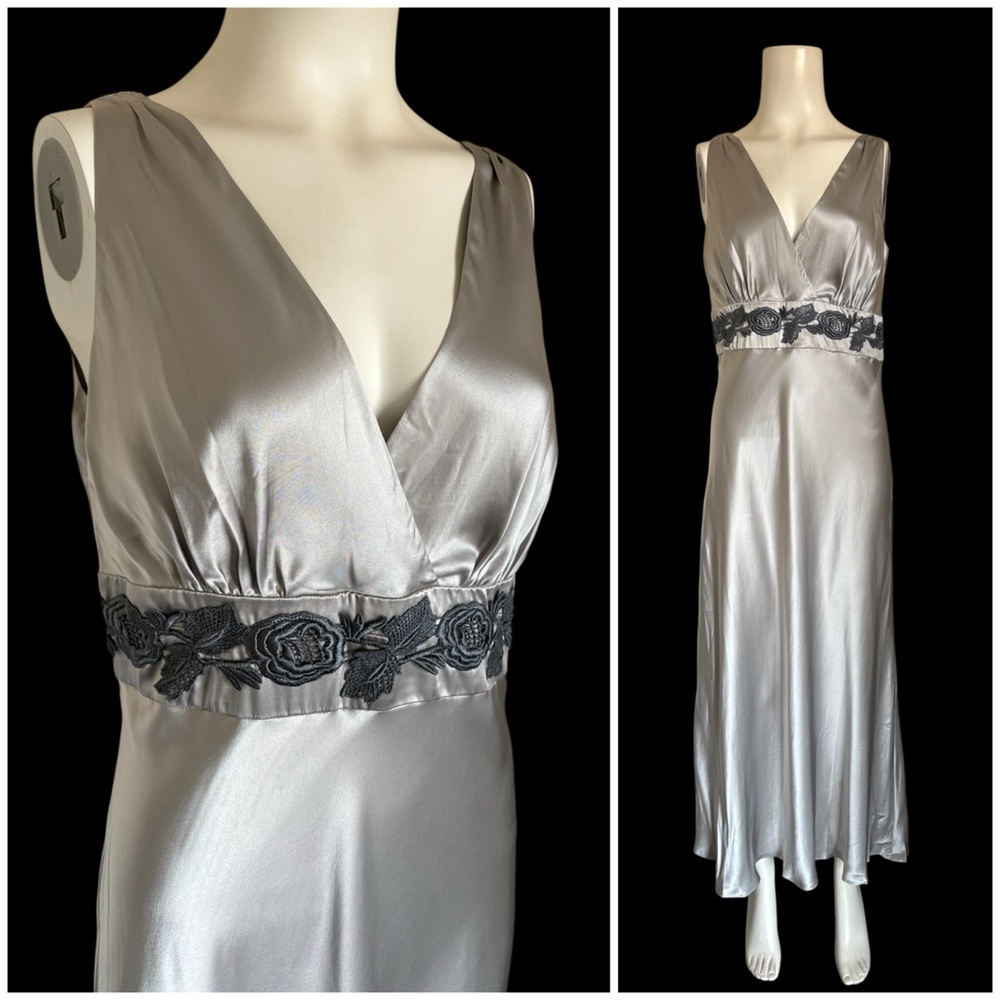 NWT Vintage Y2K Newport News Silk‎ Maxi Goddess Dress Floral Trim Gown 10 Silver